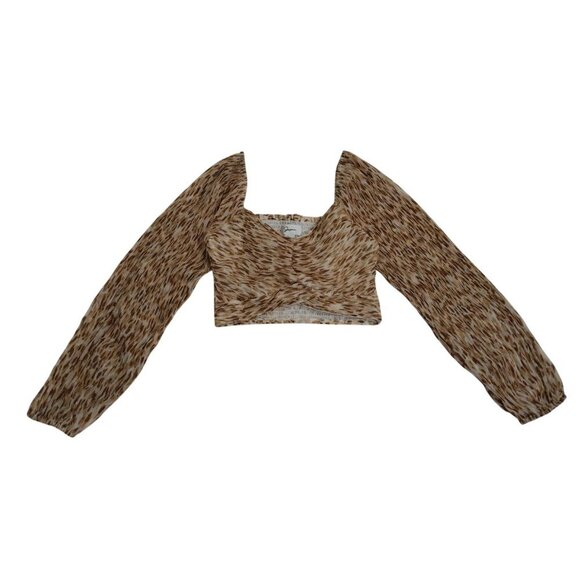 Leopard Print Long Sleeve Smocked Crop Top By Jopna Size M 100% Polyester. - Picture 1 of 8